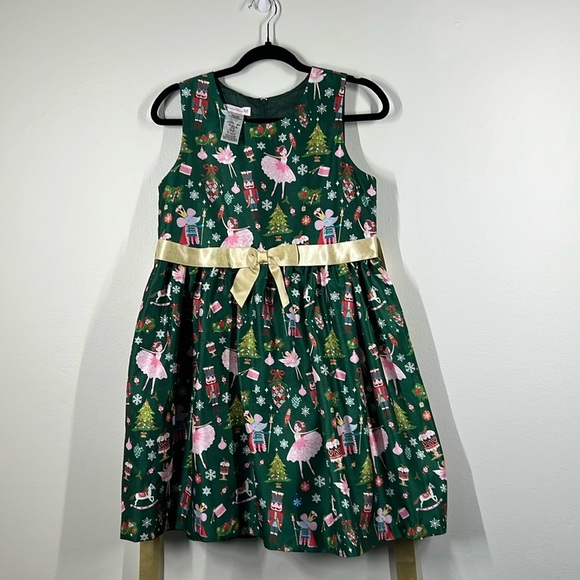 BONNIE JEAN Girls Size 16 1/2 Christmas Holiday Green Gold Tank Dress Waist Tie - Picture 1 of 13